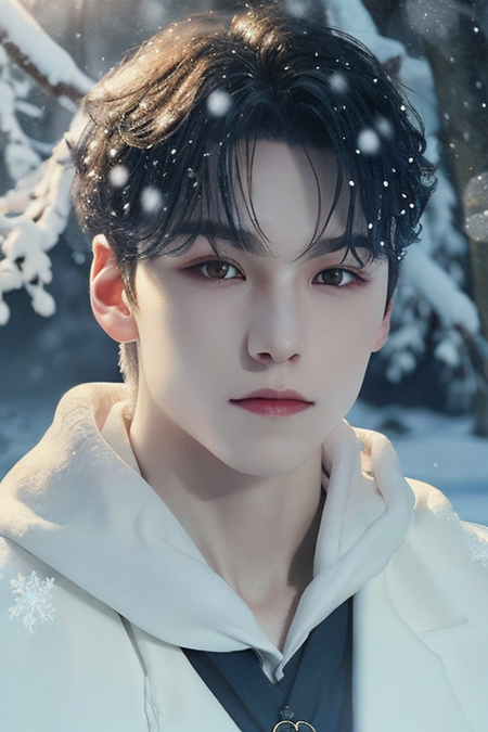 1boy,(close-up:1.4),(winter ,snowy:1.2),(RAW photo:1.2), (photorealistic:1.4),(masterpiece:1.3),(best quality,1boy:1.4), dreamlike, (detailed eyes),(detailed facial features), (detailed clothes features) solo, cute,closed mouth, (medium breasts), black hair, black eyes, crystal pendant, Long blue scarf,White long wool coat,(detailed face), grunge,(high detailed skin:1.2),soft lighting, high quality,