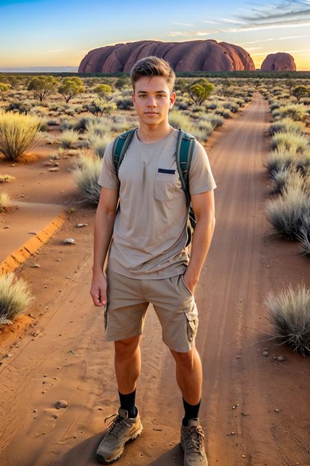 Australian outback, evening, Uluru in the background, ConnorPeters, wearing beige shirt, khaki hiking shorts, hiking boots, wearing backpack,  ((full body portrait)), wide angle  <lora:ConnorPeters:0.8>