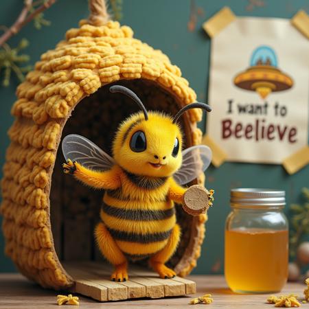 A cute bee harvesting honey in his 90's themed beehive house, taped to the wall behind him is a UFO poster with the text "I want to Beelieve"