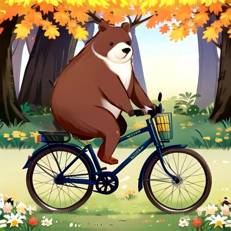 (masterpiece:1.2), best quality, masterpiece, highres, original, extremely detailed wallpaper, perfect lighting,(extremely detailed CG:1.2), drawing,  artist name, autumn, autumn leaves, bear, bicycle, bird, black eyes, branch, cherry blossoms, daisy, floral background, flower, ground vehicle, leaf, leaf background, lily \(flower\), maple leaf, no humans, orange flower, penguin, pink flower, tree, white flower, yellow flower, <lora:picture_book:0.6>