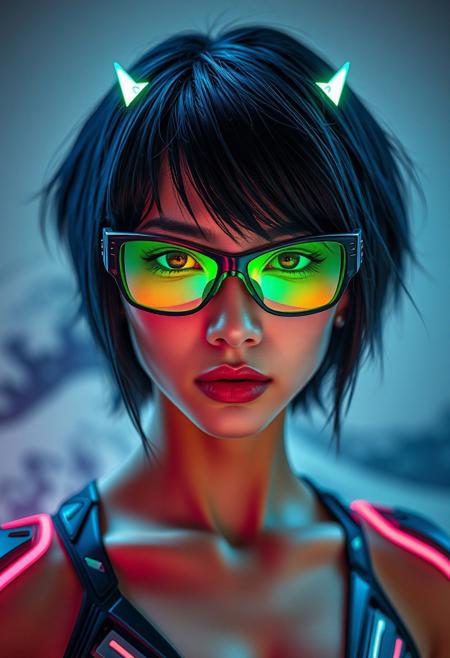 NSFW, (Soft Lighting Photography by Mimoza Veliu and Mario Giacomelli:1.2),, sexy,A hyper-realistic close-up portrait of a young woman with shoulder-length black hair styled in edgy, futuristic layers, adorned with glowing tips. She wears mecha eyewear with a neon green visor that transitions into iridescent shades of teal and gold. The frame is sleek, with angular edges and fine mechanical detailing. Her expression is fierce and confident, with flawless skin highlighted by the neon reflections. She wears a high-tech bodysuit with integrated LED lines and metallic panels. The background depicts a hazy rendition of The Great Wave off Kanagawa by Hokusai, its powerful waves blending seamlessly with the neon tones, amplifying her intense, defiant aura.