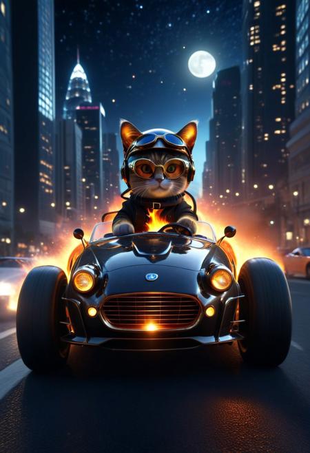 HavvoricFireDarkstyle, cat driving Burning cute small classic sports car, wear round goggles, wear animal ears helmet, from side, in Skyscraper district Street, night, moon, Starry sky, cinematic, cinematic lighting, (masterpiece, best quality:1.4), ultra-high res, 4k, insanely detailed, sfw,