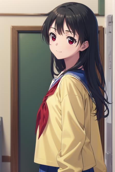 inarifushimi, <lora:inari fushimi s1-lora-nochekaiser:1>,
inari fushimi, long hair, black hair, (red eyes:1.3), smile,
BREAK skirt, school uniform, serafuku, blue sailor collar, shirt, (light yellow shirt:1.5), long sleeves, blue skirt, neckerchief, (red neckerchief:1.5),
BREAK indoors, classroom,
BREAK looking at viewer, (cowboy shot:1.5),
BREAK <lyco:GoodHands-beta2:1>, (masterpiece:1.2), best quality, high resolution, unity 8k wallpaper, (illustration:0.8), (beautiful detailed eyes:1.6), extremely detailed face, perfect lighting, extremely detailed CG, (perfect hands, perfect anatomy),