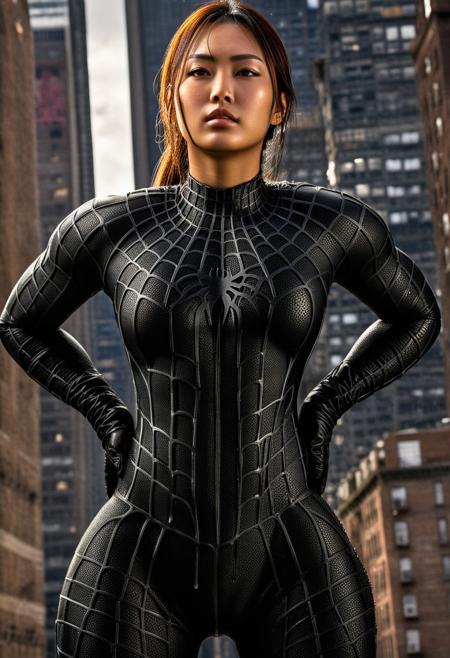 score_9, score_8_up, score_7_up, best quality, realistic, masterpiece, beautiful detail, hyperrealistic, afternoon sky, ((1girl, woman body, big breasts)), amazing detailed full body portrait of a beautiful japanese girl, wearing a realistic and highly detailed black raimi spider-man suit, ((huge muscular girl)), professional model wears ultra - detailed black raimi spider - man suit, ultra - detailed and grained black raimi spiderman suit, suit covered entire body and hand, black spiderman gloves, wet, (spread leg), (full body), (dirty skin), close up, octane render, highly detailed, volumetric, dramatic lighting, (highest quality:1.1), (HDR:1.3), (top quality, best quality), realistic, high definition, Expressionism - sharp focus, professional photography, masterpiece, ultra detailed photograph, high quality, 8k,