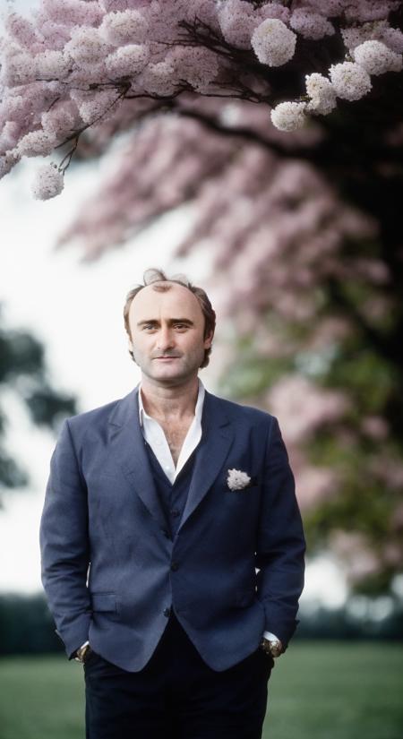 Phil Collins, portrait of a man 1980s, (sharp focus:1.2), photoshoot, (handsome:1.1), detailed facial features, wearing (formal wear:1.2), standing in a park in front of a (blossoming tree:1.2), with (evening lighting:1.2), (depth of field:1.2), (bokeh:1.2), 4K, HDR. by (Norman Seeff:1.2|Mark Seliger:1.1)