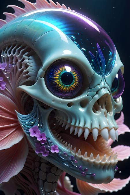 close-up portrait ribcagel. Alien skull , nautilus, hortensia, betta fish, bioluminiscent creatures, intricate artwork . octane render, trending on artstation,t symmetrical artwork. cinematic, hyper realism, high detail, octane render, 32k, vibrant colors, Broken Glass effect, no background, stunning, something that even doesn't exist, mythical being, energy, molecular, textures, iridescent and luminescent scales, breathtaking beauty, pure perfection, divine presence, unforgettable, impressive, breathtaking beauty, Volumetric light, auras, rays, vivid colors reflects