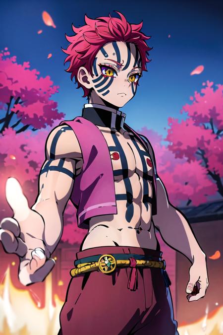 (best quality, high quality:1.4), masterpiece, super fine illustration, absurdres, ultra-detailed, ultra detailed background, highres, solo, 1boy, male focus, tattoo, red hair, colored skin, pink hair, yellow eyes, short hair, facial mark, <lora:akaza kimetsu:0.6>, akaza kimetsu