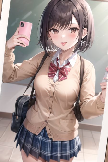 <lora:ShinonomeEna-09:0.6>,shinonome ena, 1girl, solo, looking at viewer, blush, short hair, skirt, brown hair, shirt, long sleeves, bow, brown eyes, medium breasts, school uniform, white shirt, braid, heart, pleated skirt, tongue, collared shirt, tongue out, bowtie, red bow, blue skirt, plaid, v, plaid skirt, phone, cardigan, cellphone, red bowtie, smartphone, :p, selfie, brown cardigan, v over eye