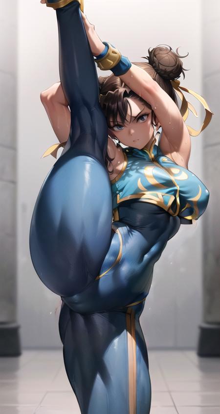 chunli_alpha, street fighter, sharp eyes,  gym, toned, thick thighs, muscular legs, sweating,  4k,  full body, ambient lighting, underboob, thick thighs, detailed legs,  flexible,  (standing on one leg:1.2), (standing split:1.3), abs, muscular, hand holding one leg up,