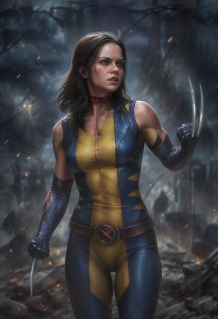 High resolution ultra-realistic of Beautiful Laura Kinney/X-23 vs Wolverine/Logan, cinematic lighting, MCU style, ultra realistic, 8K, fighting stance, X-Men style, standing among the ruins of buildings, Greg Rutkowski, Intricately Designed bloody dirty face, wavy black hair, Realistic beautiful brown eyes, gazing straight ahead, Atrractive 21 years old Dafne Keen as X-23 woman, realistic modern Wolverine combat X-Men costume, dirty, bloody, beautiful firm Breasts, defiant and seductive, X-Men style, Marvel style, MCU sci-fi style, Superheroine, Standing in the middle of a dark dirty street on the City, sharp focus, digital painting, Photograph Taken on Nikon D750, Alphonse Mucha, 8K, athletic figure, Hyperdetailed, hyperrealism, aesthetics reminiscent of X-Men, Attractive, Attractive bust girl, asymmetric balance