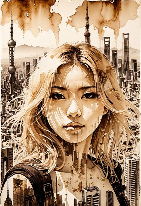 A bold inkplash-meets-watercolor wash artwork, expertly painted on rice paper using rich sepia, burnt henna, and ink-black hues. an advanced sci-fi cityscape, with gleaming towers and skyscrapers, clear sky double exposure, crisp lines, Osaka cityscape below and to side of closeup portrait of stunning  Japanese woman, blonde loose hair, mirrored aviator sunglasses