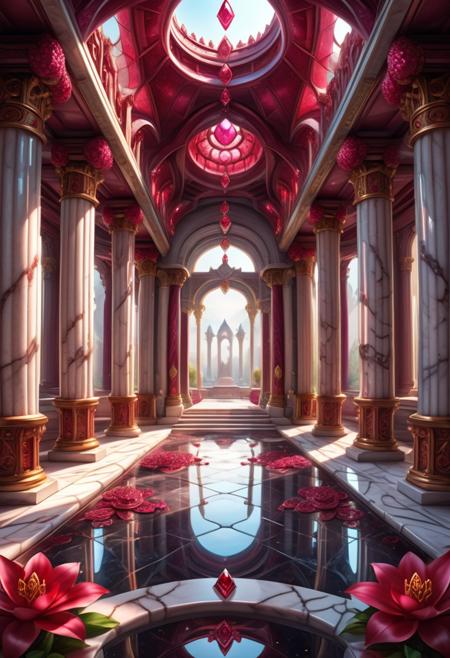 aesthetic, masterpiece, beautiful, elegant, award winning, photo, artstation, absurdres, hdr, best quality, 
temple hall, marble pillars,ruby flowers at sides, rubies sparkle and glitter
Ruby_Fantasy, symmetrical