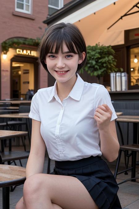 (8k, RAW photo, best quality, masterpiece:1.2),(realistic, photo-realistic:1.37),ultra-detailed,
1 girl,cute,solo,beautiful detailed sky,detailed cafe,night,sitting,dating,(nose blush),(smile:1.1),(closed mouth),
medium breasts,beautiful detailed eyes,(collared shirt:1.1),bowtie,pleated skirt,(short hair:1.2),floating hair,<lora:koreanDollLikeness:0.3>,<lora:taiwanDollLikeness_v20:0.2>,