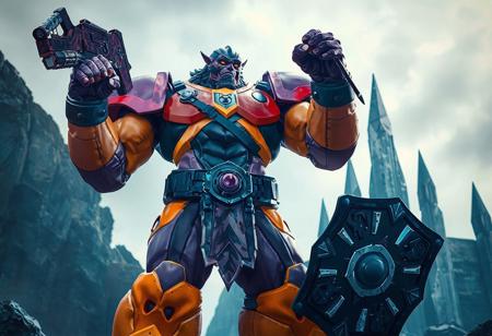 The image features a Power Giant standing proudly against a stark Crystal Fortress, exuding a vibrant mix of purple and orange with black accents. The giant's confident stance, with a firm grip on a Dragon's Gunfire and a Ultimate Shield on the other hand, suggests readiness for action. The lifelike details, sharp lines, and stunning colors, all handcrafted with precision, bring out the Power Giant's intricate features and vivid emotions. The dynamic action pose, captivating lighting, and well-timed moment add to the cinematic and harmonious composition of the 4K image.