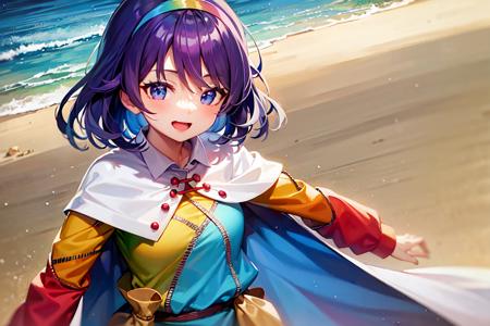 tenkyuu chimata, rainbow-colored hair band, rainbow-colored shattered-pattern clothes, zipper lines on clothes, white cloak with sky painting, sky painting on cloak, beach, ocean, blue sky, smiling
 <lora:Tenkyuu_Chimata:0.8>