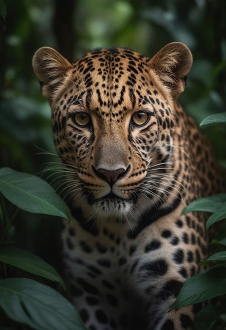 A leopard hiding in the jungle, a photo-realistic portrait, captured with a Canon EOS R5 camera and a macro lens for detailed wildlife portraits. The high-resolution, HDR image has a National Geographic-style aesthetic