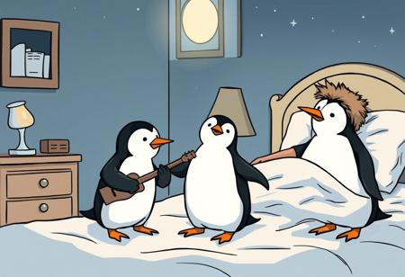 a comic book style illustration of two little boy penguins playing a concert in their parents bedroom while their dad tries to sleep