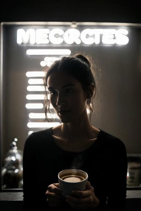 In a low-key style with the grainy texture of expired film, the photo offers a close-up view from above of a photo-realistic close-up medium shot of a beautiful girl's figure standing tall, depicted in full body, gently cradling a steaming small cup of coffee. The attention to detail captures every nuance of the subject's features and attire, creating a lifelike representation that almost breathes with realism. Against the backdrop of vibrant neon signage, the scene comes alive with a juxtaposition of warmth and urban energy. The subject's expression exudes a sense of calm amidst the bustling cityscape. Bathed in the dim neon-colored light of a blacked-out large window showcasing the city's glowing neon signs, the scene is a captivating mix of dramatic shadows, a washed-out color palette, and a shadowy ambiance reminiscent of a Kodak Portra 800 night shot.
