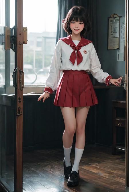 (masterpiece, realistic, ultra high res, high quality:1.2),
1girl, (young),black short hair, blush, red cheek, 
 old photo, 80s style , dynamic pose, studio, ((full body)), smile, fang, sailor school uniform, 
((seikomatsuda))  <lora:seikomatsuda:0.5>