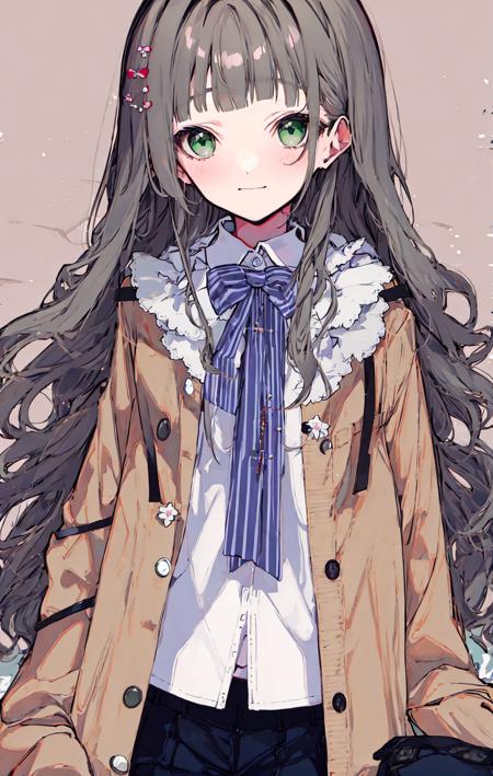 1girl, bag, bangs, black_ribbon, black_skirt, blunt_bangs, blush, brown_background, brown_hair, brown_jacket, cardigan, closed_mouth, collared_shirt, gloves, green_eyes, grey_background, grey_hair, hair_ornament, hamster, jacket, long_hair, long_sleeves, looking_at_viewer, murasaki_shion, neck_ribbon, on_head, open_cardigan, open_clothes, open_jacket, ribbon, shirt, short_eyebrows, simple_background, sleeves_past_wrists, smile, solo, striped, striped_legwear, thick_eyebrows, vertical_stripes, very_long_hair, virtual_youtuber, white_shirt  <lora:style_mochikei:1>