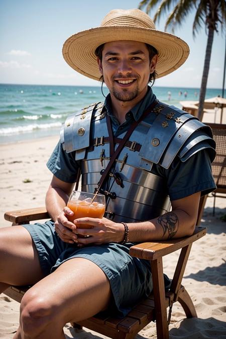 portrait photography of man wearing loriseg armor and straw hat sitting in a beach chair, drinking a cocktail, smiling, blue shirt, happy, outdoor, beach, sunny <lora:loriseg-10:0.8>