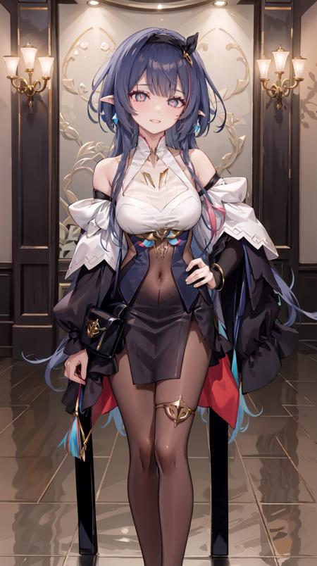 blue hair, pointy ears, bangs, detached sleeves, bare shoulders, long hair, hairband, pantyhose, gloves, earrings