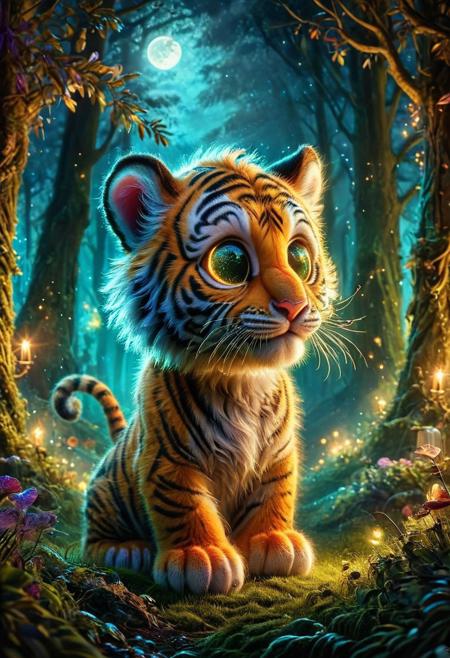 Tiger with glowing eyes, luminescent, spooky, full moon night in woods