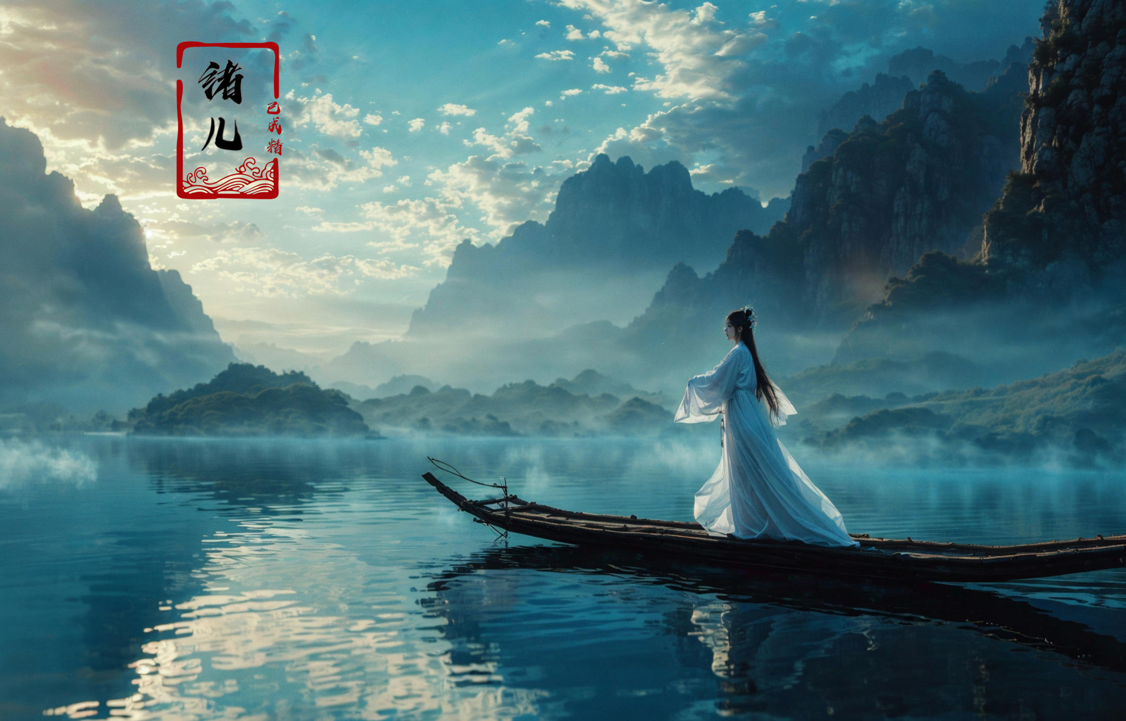 绪儿-山水渔夫 long raft with Landscape fisherman image by XRYCJ