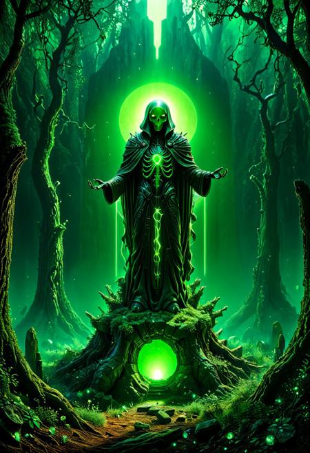 Enter a realm forsaken by the gods, a necrotic wood where the very air reeks of decay and rot. Twisted, gnarled trunks claw at the sanguine sky, their grasping branches like the skeletal fingers of long-dead sorcerers. Mist swirls between the boles, clinging to the earth like a burial shroud.
Shattered monuments to forgotten deities dot the forest floor, their crumbling stones covered in lichen and mold. Bone fragments, bleached white and picked clean, lay scattered among the detritus, mute testimony to unspeakable rites conducted in ages past.
At the heart of this blighted clearing rises a dais of obsidian, polished smooth as if by the touch of a thousand year's worth of worshippers. Upon its altar-top surface, a pulsating organ of indeterminate origin throbs with an eerie, otherworldly beat. Veins of sickly green light race across its surface, converging at a central node that seems to suck the very essence from the surrounding woods.
Before this profane offering kneels a robed figure, cowled and inscrutable.
sci-fi, alien-worlds, eeriness, futuristic, outer-space, science-fiction, alien-themed, extraterrestrial, cosmic, otherworldly, mysterious, 
concept-art, adventure, fantasy, whimsy, dreaminess, digital, illustration, magic, 
beautiful, painterly, textural, artistic, aesthetic, 
intricate details, highly detailed, ultra-detailed, absurdres, vivid, vibrant, volumetric lighting, 
Necron,, electricity, green glow, green theme,, aid291, midjourneyv6.1, ais-particlez