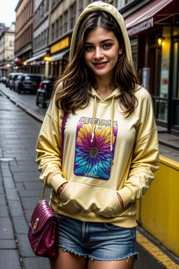 A photo of a beautiful cute young woman
<lora:Hoodies V2 By Stable Yogi:0.8> wearing multicolor hoodie, yellow
<lora:DETAI...