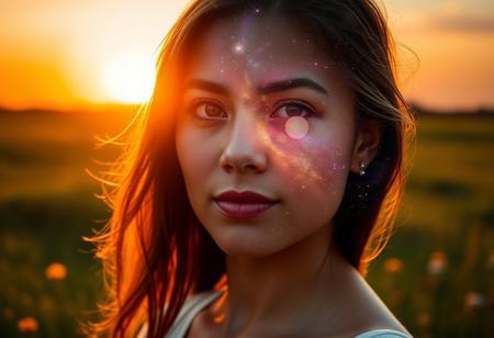 Close-up portrait of a woman standing in a lush summer meadow at sunset, with the galaxy contained within her silhouette. Soft, ethereal light illuminates her features, while a radiant aura surrounds her, blending seamlessly into the sky's warm hues. The stars and planets twinkle within her outline, as if the cosmos itself has taken refuge within her being.