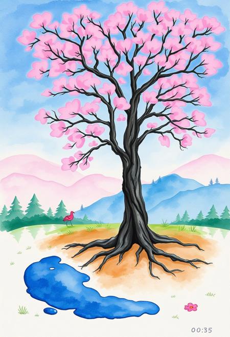 masterpiece, best quality, (realistic:0.35), traditional media, watercolor /(medium/), blue blob, blue puddle, blue oil, multiple feet, blue background, pink theme, outdoors, tree, forest, pink tree, hills