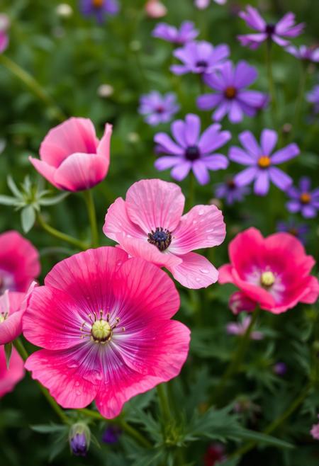 Pink and blue garden flowers, water droplets on petals, green leaves, pink poppies in the foreground, purple cosmos in the background, photo-realistic, natural lighting, high resolution, hyper-realistic in the style of a skilled photographer.