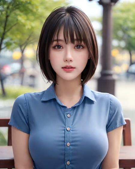 best quality, photorealistic, 8k, high res, full color, 1girl, woman, 20 years old woman, (closed mouth:1.73), (skindentation), (portrait:0.6), trees, park bench, daylight, ((park background:1.52)), full color, ((bluebuttonedshirt:1.58)), looking at viewer:1.8, (1girl eyes looking at viewer:1.55), (medium hair, brownhair, partedbangs:1.45), (bokeh), <lora:AAG-qian:0.69>