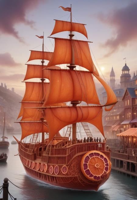 A highly detailed blood orange style frigate sailing through a misty harbor,  The ship features towering masts with billowing sails made in blood orange style, embellished with cogwheel patterns. The backdrop showcases a bustling port city with Victorian architecture all under a dramatic sunset that bathes the scene in warm oranges and soft purples, creating a captivating and adventurous atmosphere.