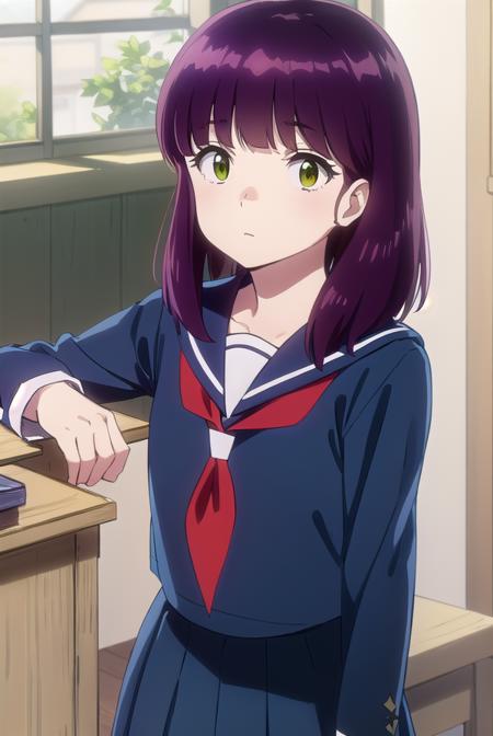 shinobumiyake, <lora:shinobu miyake s1-lora-nochekaiser:1>,
shinobu miyake, long hair, bangs, purple hair, (green eyes:1.5),
BREAK shirt, long sleeves, school uniform, serafuku, sailor collar, neckerchief, red neckerchief, shirt, blue shirt, blue sailor collar, blue skirt,
BREAK indoors, classroom,
BREAK looking at viewer, (cowboy shot:1.5),
BREAK <lyco:GoodHands-beta2:1>, (masterpiece:1.2), best quality, high resolution, unity 8k wallpaper, (illustration:0.8), (beautiful detailed eyes:1.6), extremely detailed face, perfect lighting, extremely detailed CG, (perfect hands, perfect anatomy),