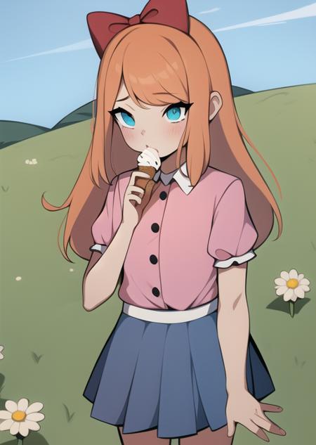 <lora:elizabeth-08:1> elizabeth , solo, elizabeth, child, bow, pink shirt, blue skirt, eating ice-cream, blue sky, flat grass land,, masterpiece, best quality