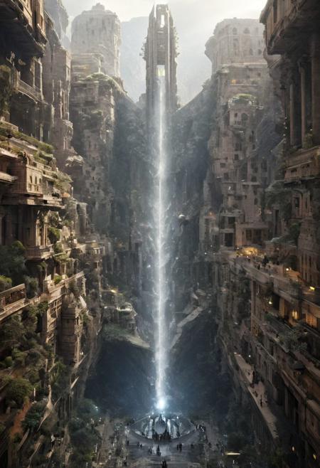 POV view , DOF,
(Ancient civilization, Alien Prometheus movie scene, dune movie scene:1.5), (The colonial city of the future, in the mist-filled Grand Canyon, on an unknown Earth-like planet, 2 moon on sky, Spaceship flight connects colonies, waterfulls:1.3), (Machu Picchu, a mountain settlement, incredibly spectacular:1.2), (Mario Botta:1.3), (avant-garde, future, reality, science fiction, photorealistic), (modern architecture:1.2), White limestone with black granite, fountain, waterfall, landmark, square, path, narrow street,
(Large Files, Ultra Realistic, 8K, 16k, FHD, HD, VFX, Perfect, Photography, composition, Architecture Sales Photography, Architecture Competition, Ultra High Resolution, Cinematography, High Resolution Image:1.1), (dramatic lighting, direct sunlight, ray tracing, clear shadow:1.2),  (real landscape:1.1), (blurred background:1.0), (urban background, more_details) ,
great lighting, clear, hillscastel, <stardeaf-cold-arc>, xtower, industrialbuilding