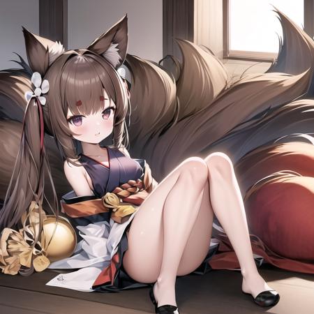 best_shadow, wallpaper, colorful, best_quality, highly_detailed, masterpiece, ultra-detailed, illustration, highres, bedroom, solo, 1girl, amagi-chan \(azur lane\), brown_hair, fox ears, fox girl, fox tail, <lora:Amagi-chan (Azur lane)（小天城）V1.0:1>, full body,