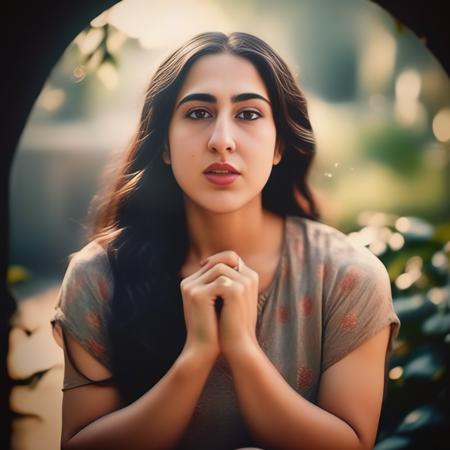 (SaraAliKhan) <lora:SaraAliKhanSDXL:1> , art by John William Waterhouse, photograph, 1940'S Abhorrent Woman, background is Rickety The Garden of Eden, Bokeh, Illustration, Hopeless, Libertywave, back-light, film grain, Fujifilm XT3, 80mm, moody, sunbeam