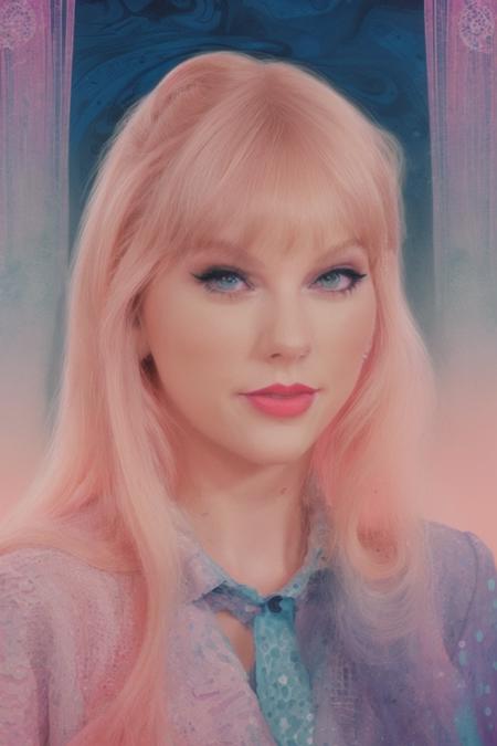 <lora:Taysway_V5-10:1> Taysway, adult woman, long pink hair,, 80s movie poster themed, 80s poster style, psychedelic, mind blowing, trippy, retro artwork, 1girl,