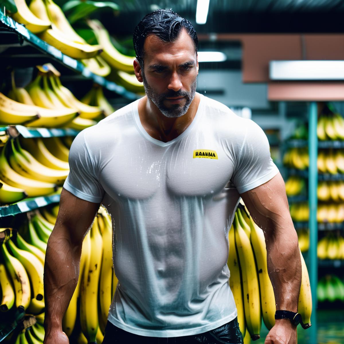 Man wearing a Banana shirt standing in front of a wall of bananas.