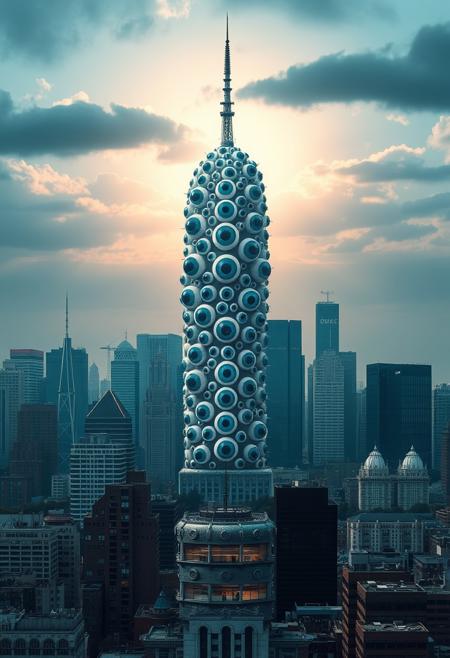 a city skyline, a huge building in the middle made up of eyeballs