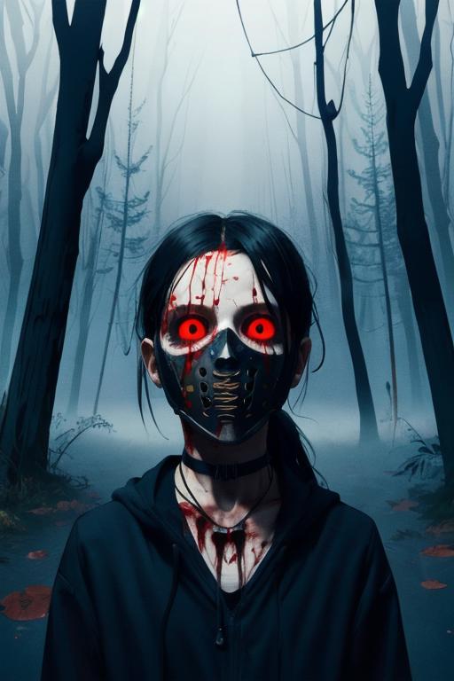 A Horrifying Image of a Girl in a Mask with Glowing Eyes in a Forest