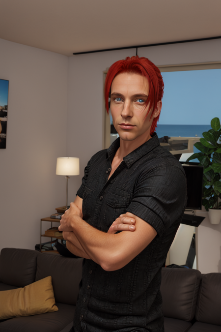 Charlie Pe'kova, solo, 1boy, male focus, blue eyes, mature male, looking at viewer, short hair, black shirt, red hair, tanned skin, tan, living room, side lighting, extremely detailed, <lora:Charlie:0.7>