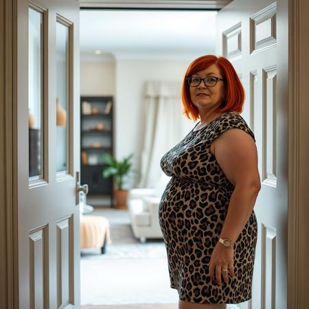 full body shot chubby woman forty years old 5'7" red shoulder length hair glasses animal print mini dress,  
opening front door external view livingroom visible behind her