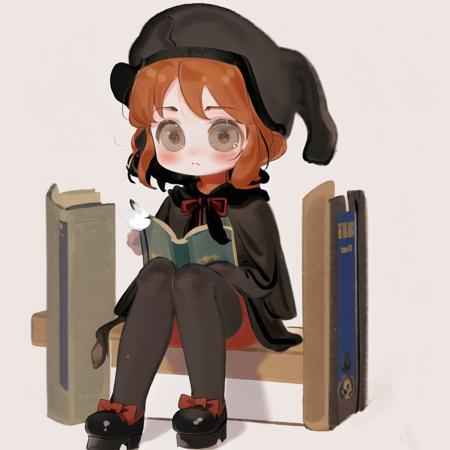 <lora:Ajura_Sashimi:1> 1girl, :o, bangs, beret, black capelet, black dress, black footwear, black hat, black wings, blush, book, bow, brown background, brown eyes, capelet, chibi, detached wings, dress, drop shadow, forehead, hair bow, hat, highres, holding, holding book, hood, hood down, hooded capelet, long sleeves, looking at viewer, mini wings, orange hair, pantyhose, parted bangs, parted lips, red bow, shoes, signature, sitting, solo, two-tone background, white background, white legwear, wings