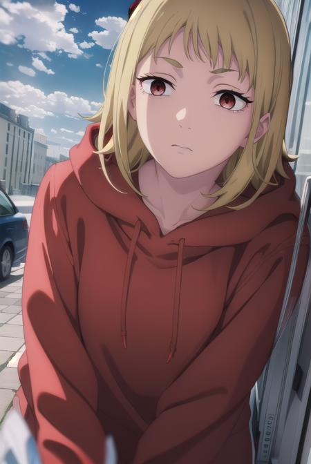 akane sawatari, short hair, blonde hair, (red eyes:1.3), hood, hoodie, red hoodie, hood down,