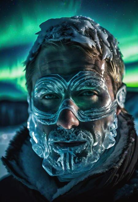 high quality, photo of 30 y.o Scandinavian man, upper body, mask of translucent ice covering face, white eyelashes, detailed face, cinematic shot, dramatic lighting, arctic, aurora borealis