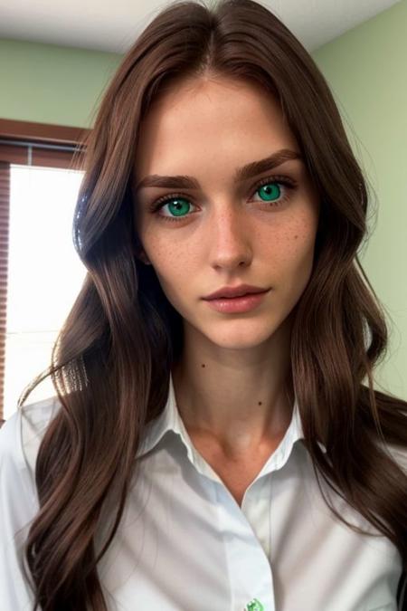 closeup face,
1 girl, white shirt, od, long hair, brown hair, green eyes, 25 years old, slim, fit,
detailed face,
indoors